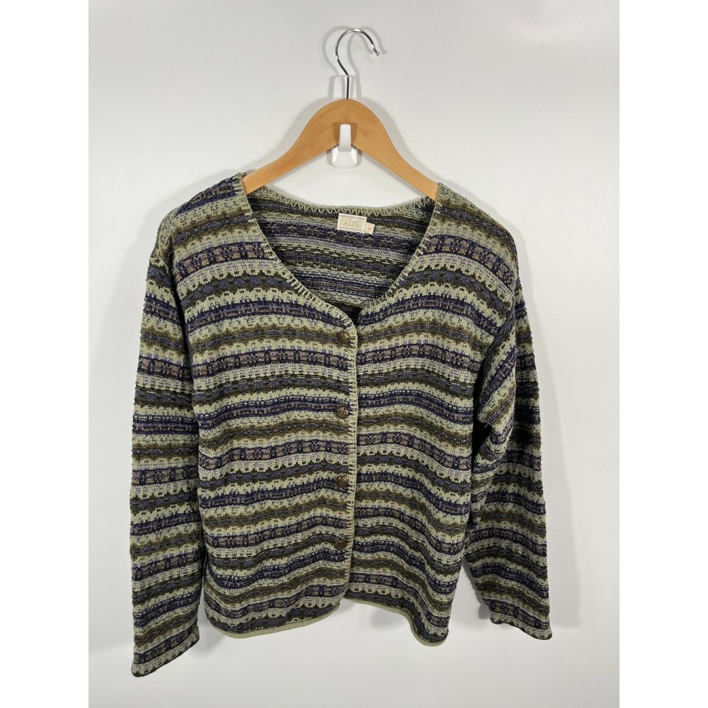 Alps Vintage Womens Chunky Knit Cardigan M Green Stripes Grandmacore Goblincore